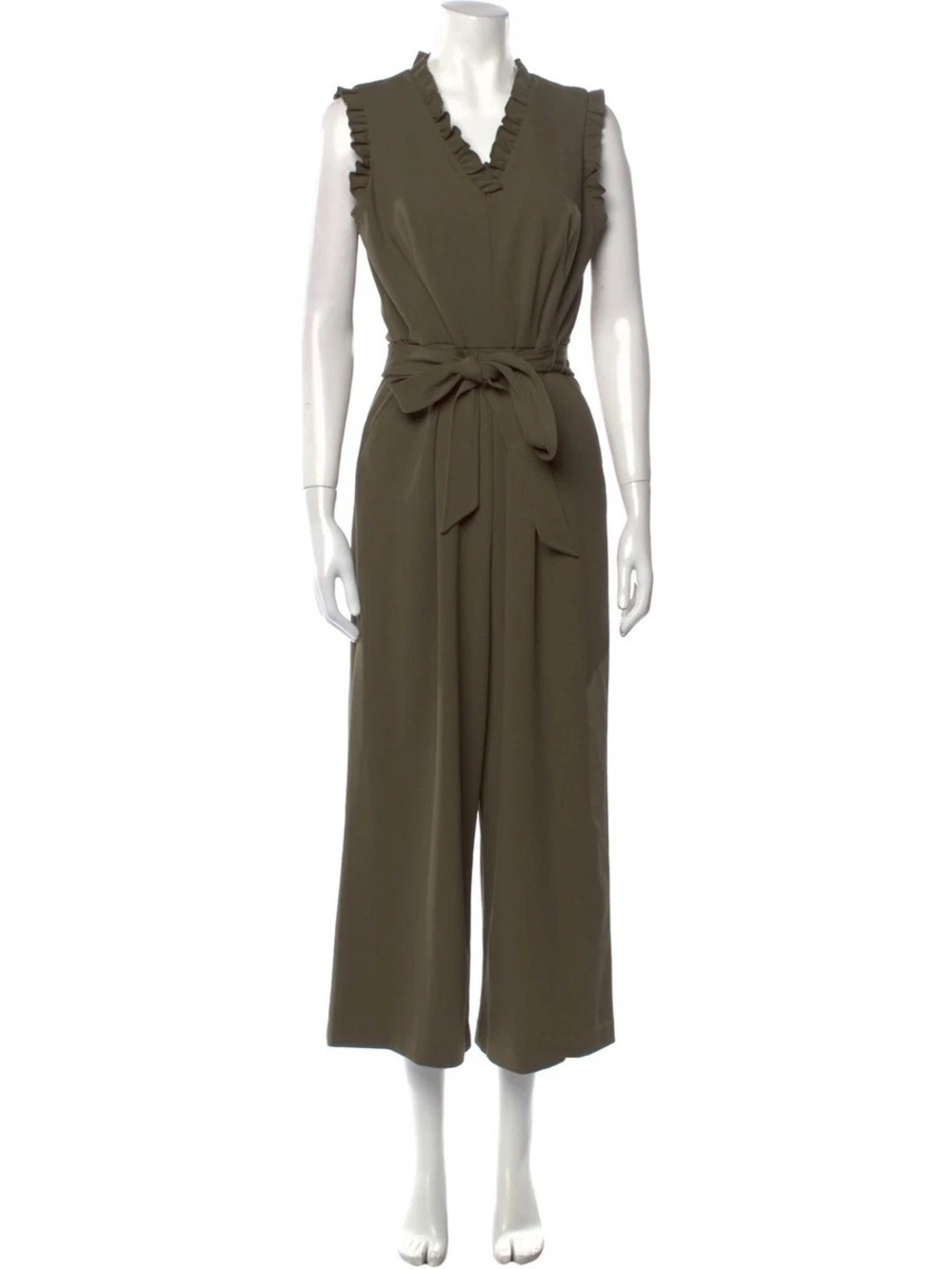 Calvin Klein Olive Green Sleeveless Ruffle V-Neck Jumpsuit with Waist Tie